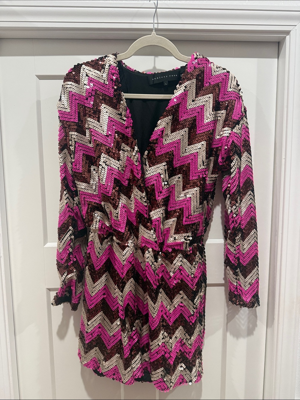 Vici Chevron Sequin Romper in Hot Pink, Brown & Cream